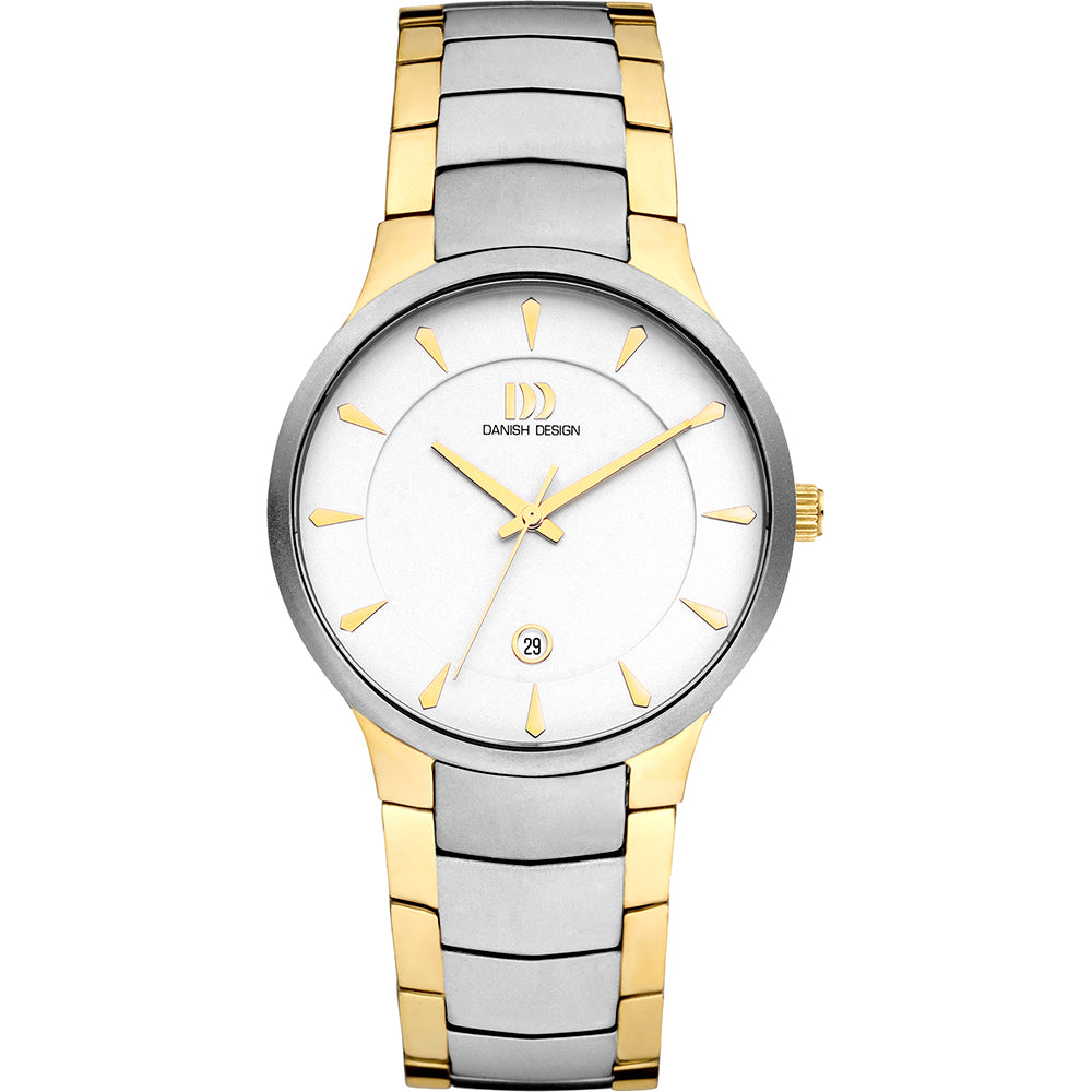 Reloj de acero inoxidable bicolor con esfera blanca y detalles dorados.