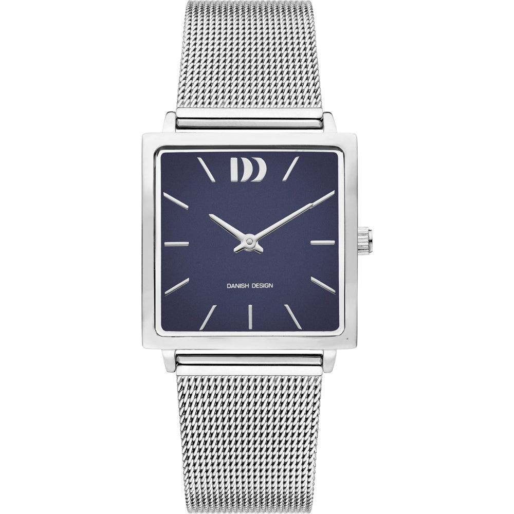 Reloj cuadrado con esfera azul, correa de malla plateada y marcadores de horas en plata.