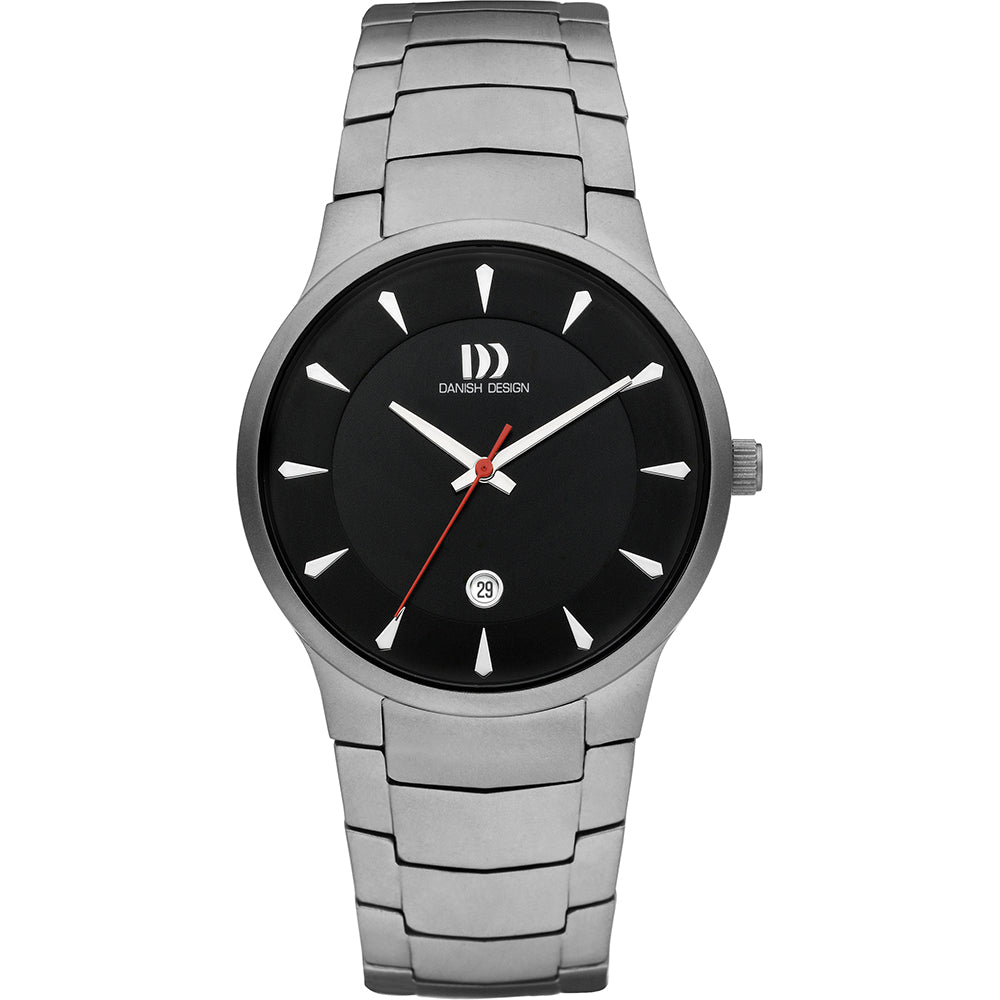 Reloj de acero inoxidable con esfera negra, manecillas plateadas y detalle en rojo.