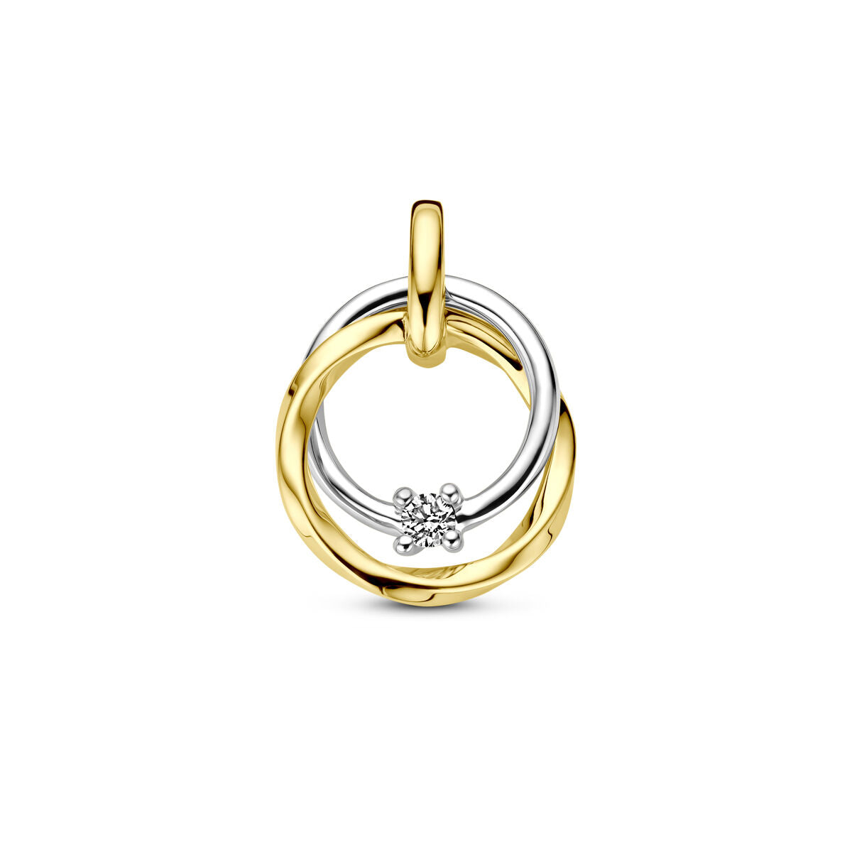 Colgante bicolor de oro amarillo y blanco con un diamante de 0.03 ct en el centro.