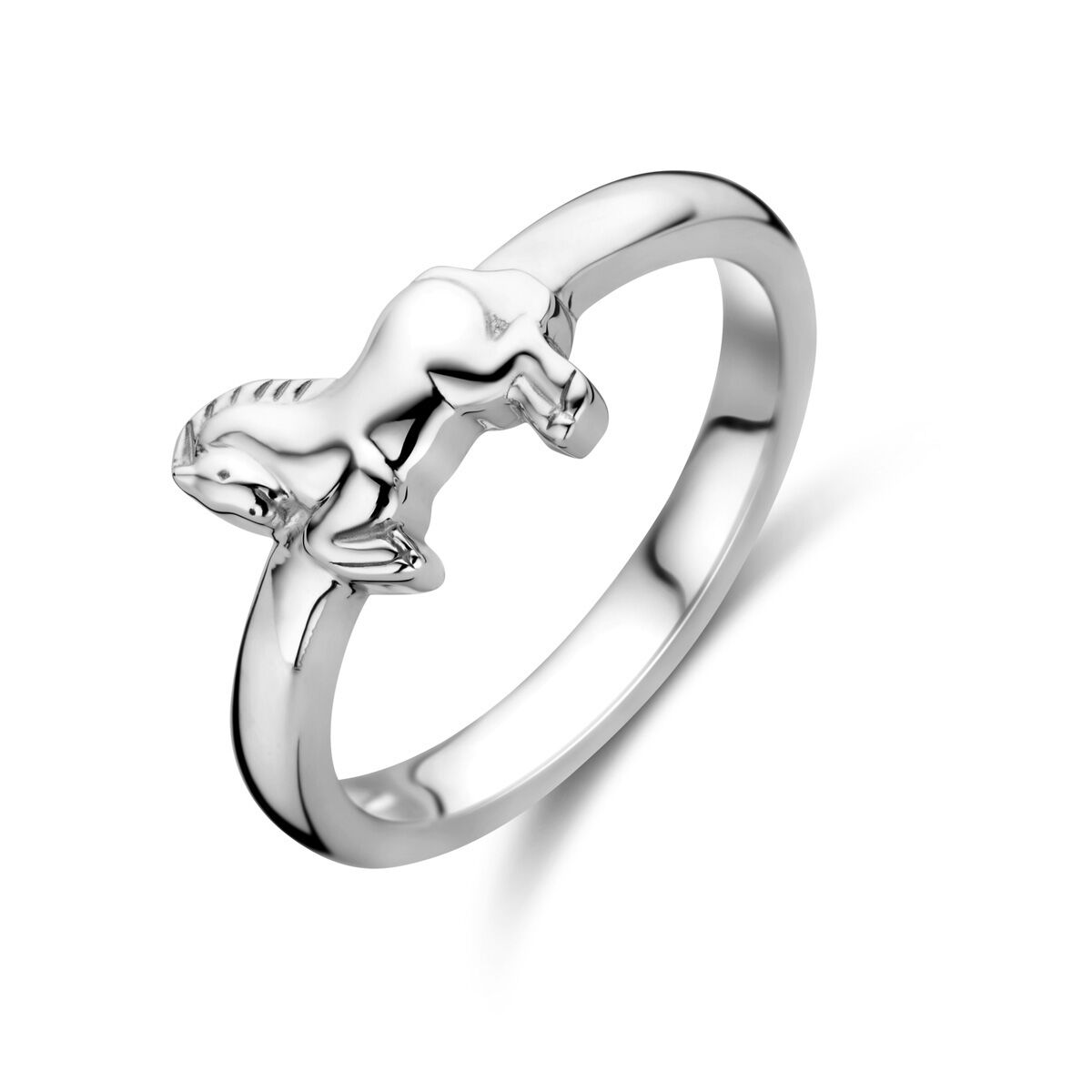 Anillo de plata rodiada con diseño de caballo en movimiento.