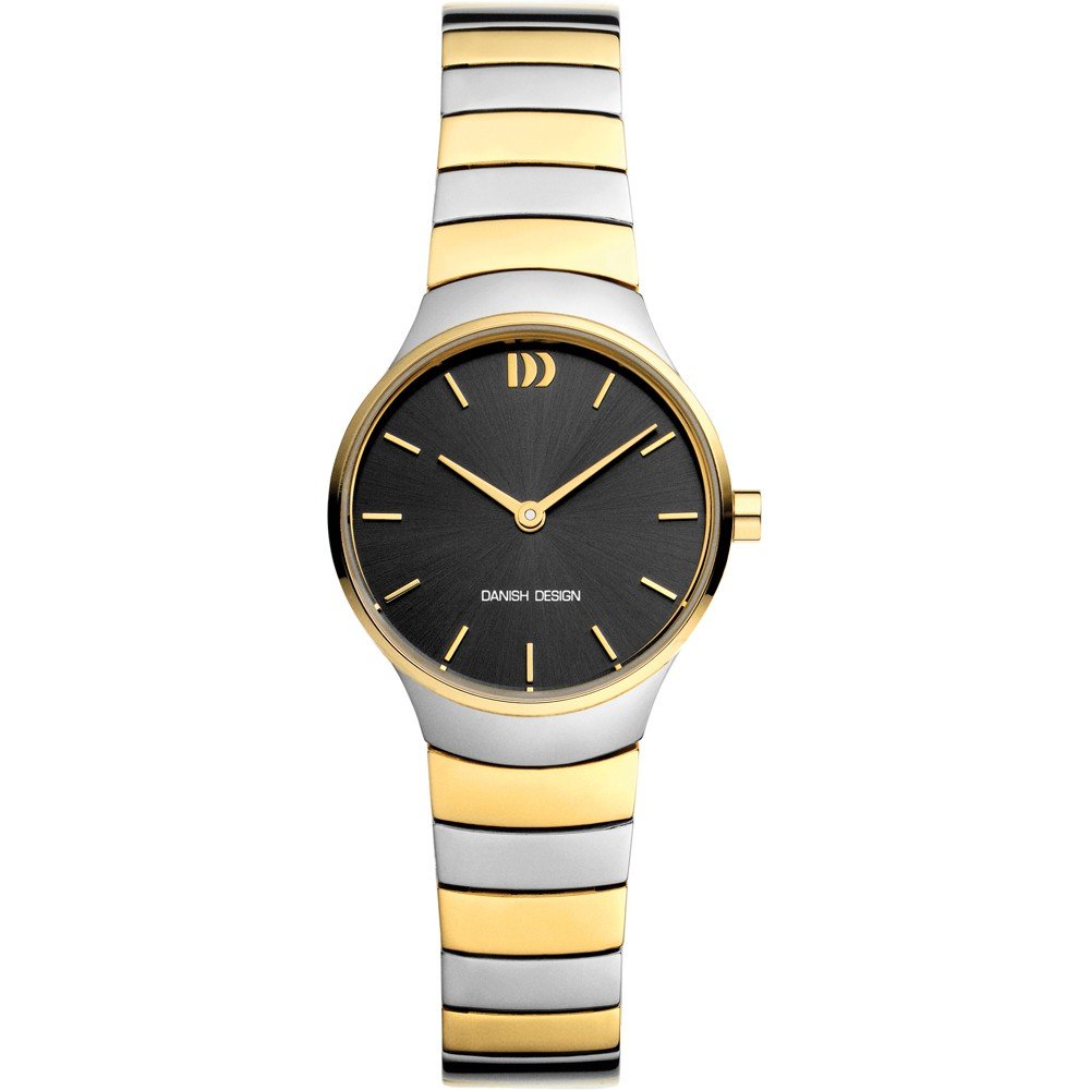 Reloj con esfera negra, correa de acero inoxidable bicolor y detalles dorados.