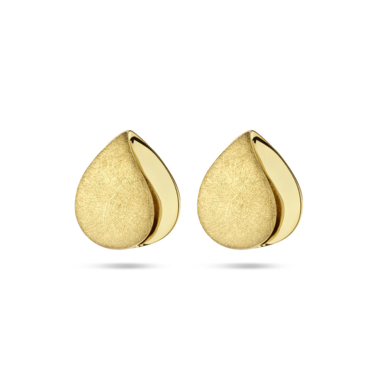 Pendientes de gota en oro amarillo de 14K con acabado pulido y mate.