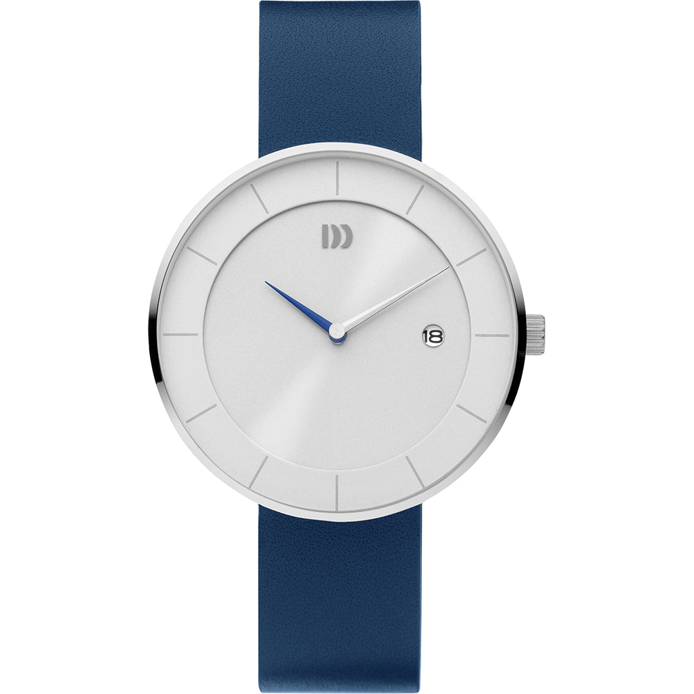 Reloj con esfera plateada, correa de silicona azul y detalles minimalistas.