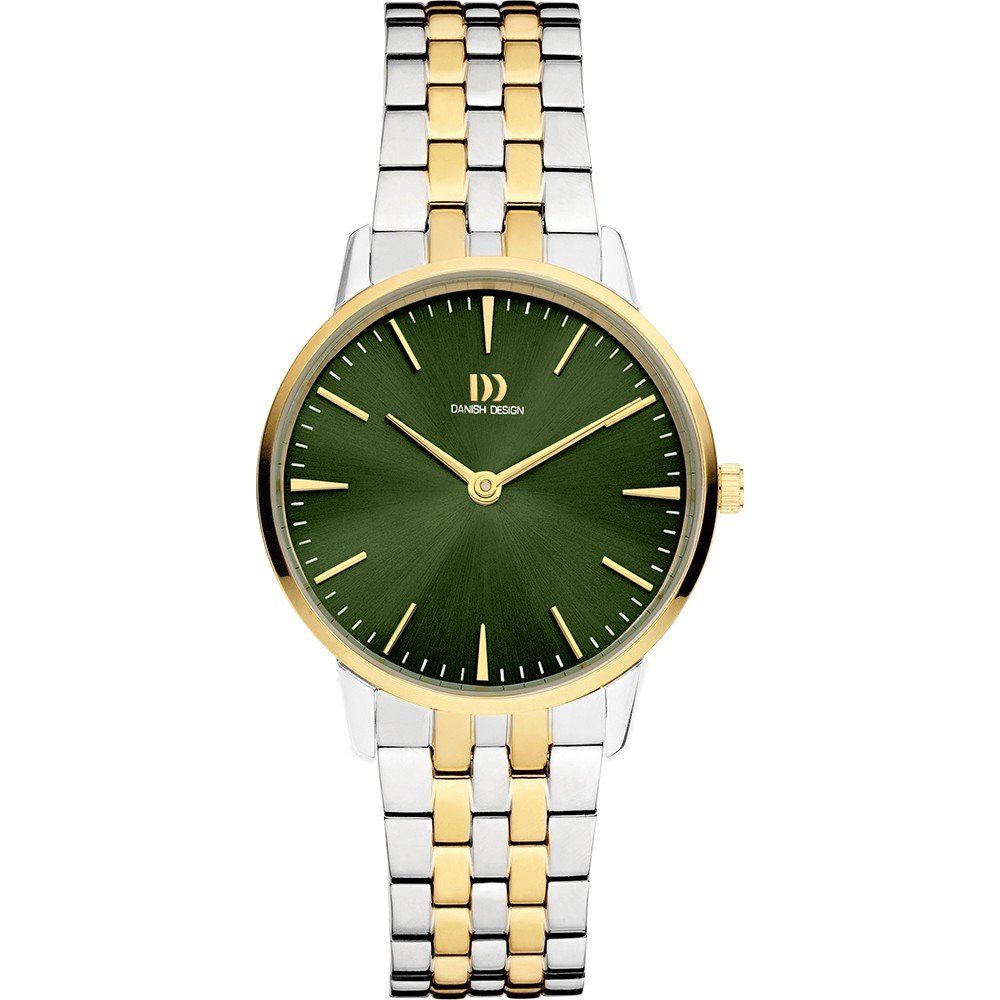 Reloj de dama con esfera verde, caja plateada y dorada, y pulsera de eslabones bicolor.