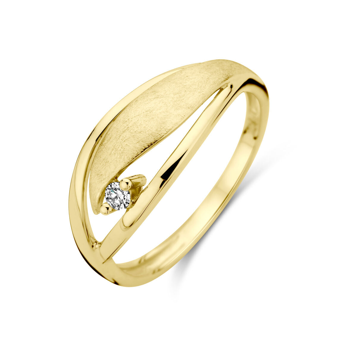 Anillo de oro amarillo de 14K con acabado pulido y mate, decorado con un diamante de 0.04 ct.
