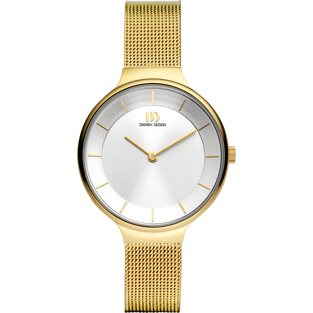 Reloj con caja dorada, esfera plateada y correa de malla dorada.