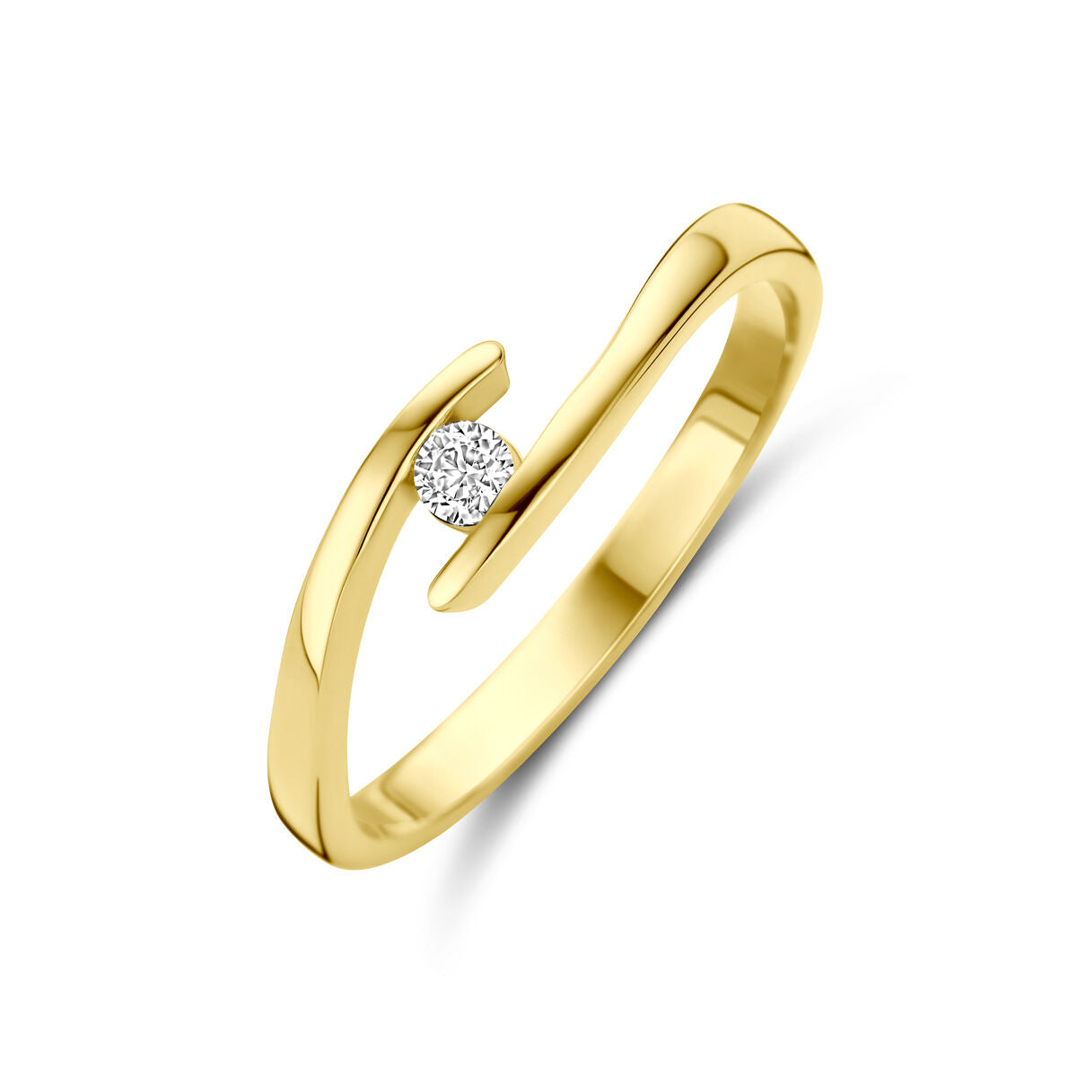 Anillo de oro amarillo de 14K con zirconia, diseño minimalista y brillante.