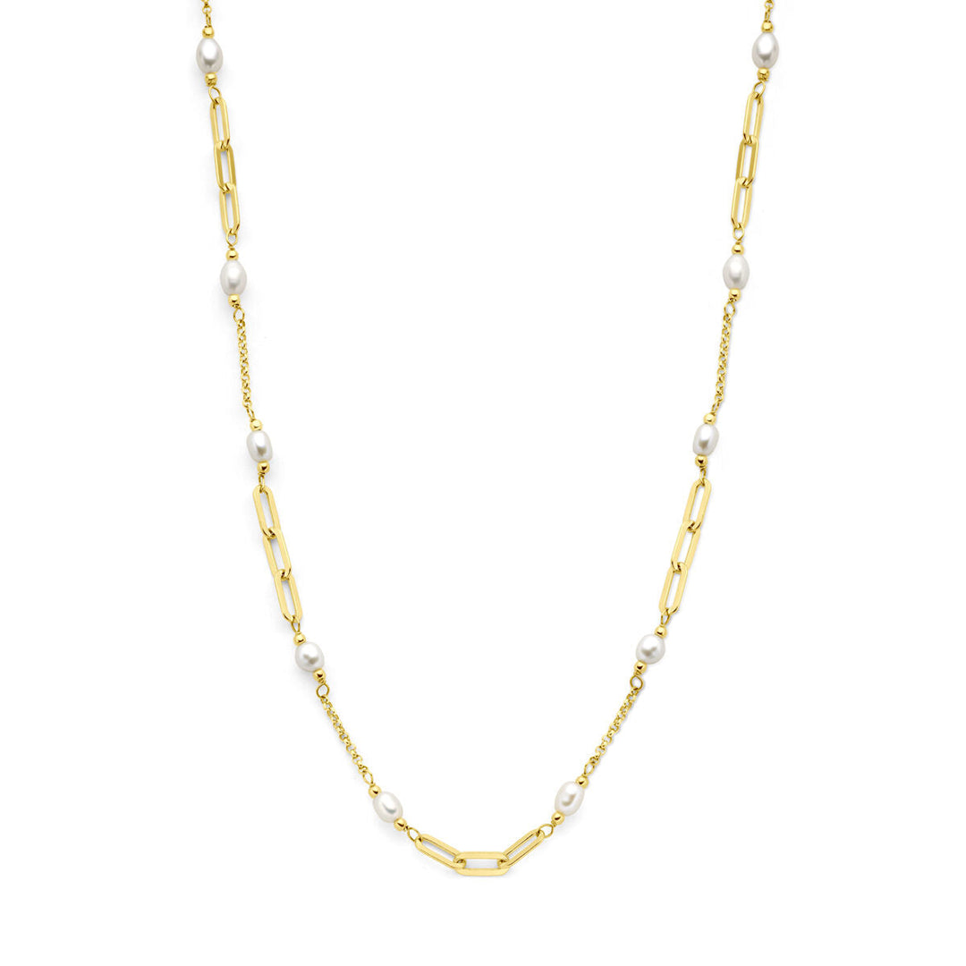Zilver vergulde ketting dames parels 3 micron verguld (geel) van Van der Kooij Collectie, met afwisselende langwerpige schakels en ronde parels, elegant gepresenteerd tegen een witte achtergrond.
