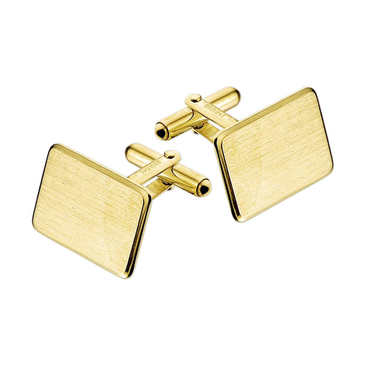 Gemelos de oro amarillo de 14K con acabado pulido y mate, diseño rectangular y superficie texturizada.