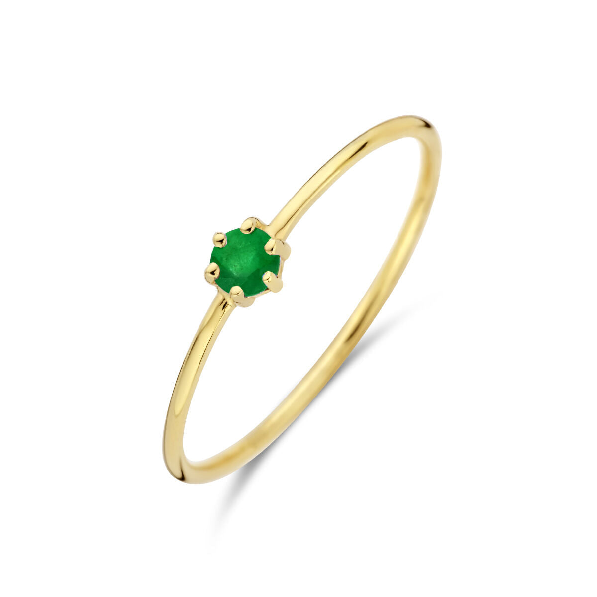 Anillo de oro amarillo de 14 quilates con piedra de nacimiento esmeralda verde.