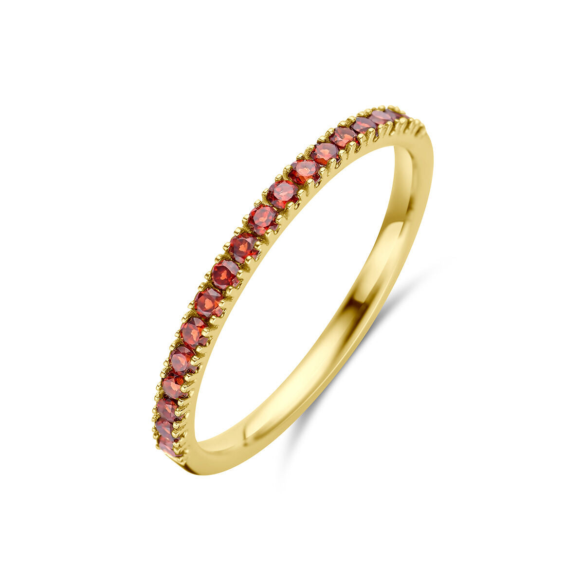 Anillo de oro amarillo de 14K con piedras de granate en tonos rosados.