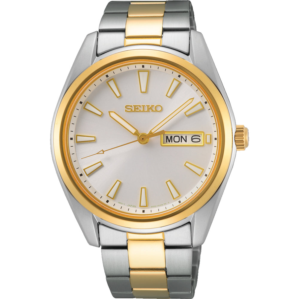 Reloj de hombre Seiko con esfera plateada, caja de acero inoxidable bicolor y correa de eslabones.