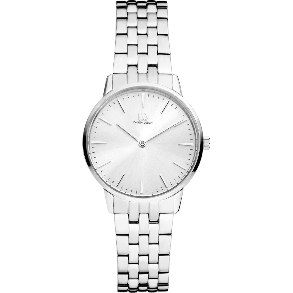Reloj de esfera plateada con correa de acero inoxidable y diseño minimalista.