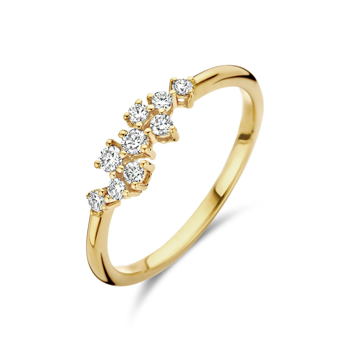 Anillo de oro amarillo de 14 quilates con diamantes de 0.21 ct en forma de flor.
