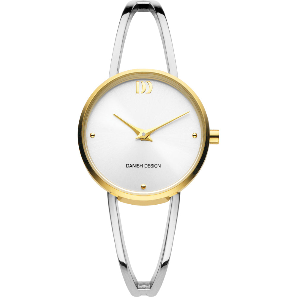 Reloj de esfera blanca con caja dorada y correa plateada, diseño minimalista y elegante.