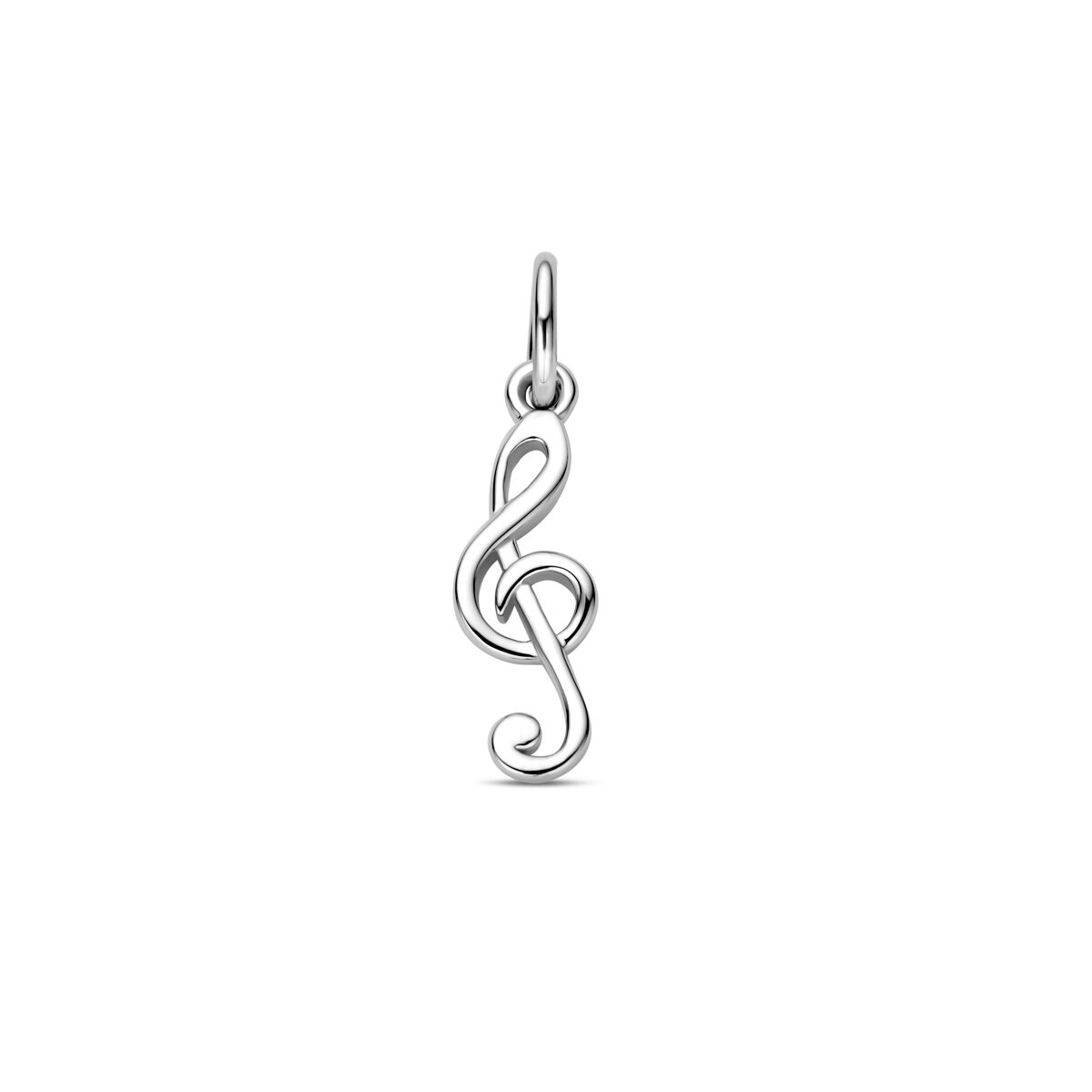 Colgante de nota musical en plata rodiada con un diseño elegante y curvado.