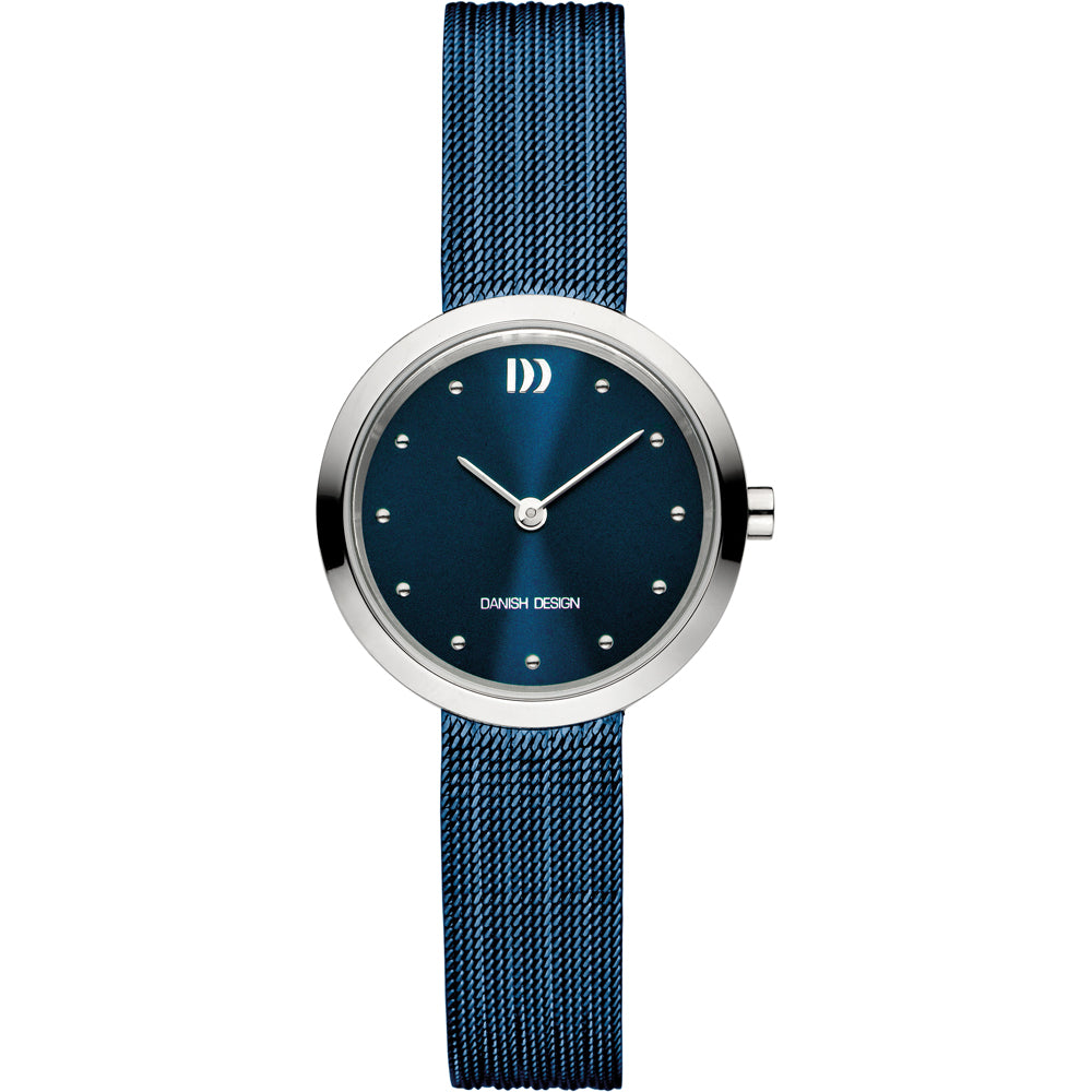 Reloj con esfera azul, caja plateada y correa de malla metálica azul.
