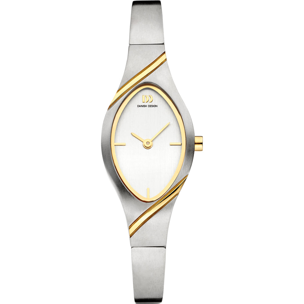 Reloj de dama con esfera plateada, caja ovalada y detalles en dorado, correa de acero inoxidable.