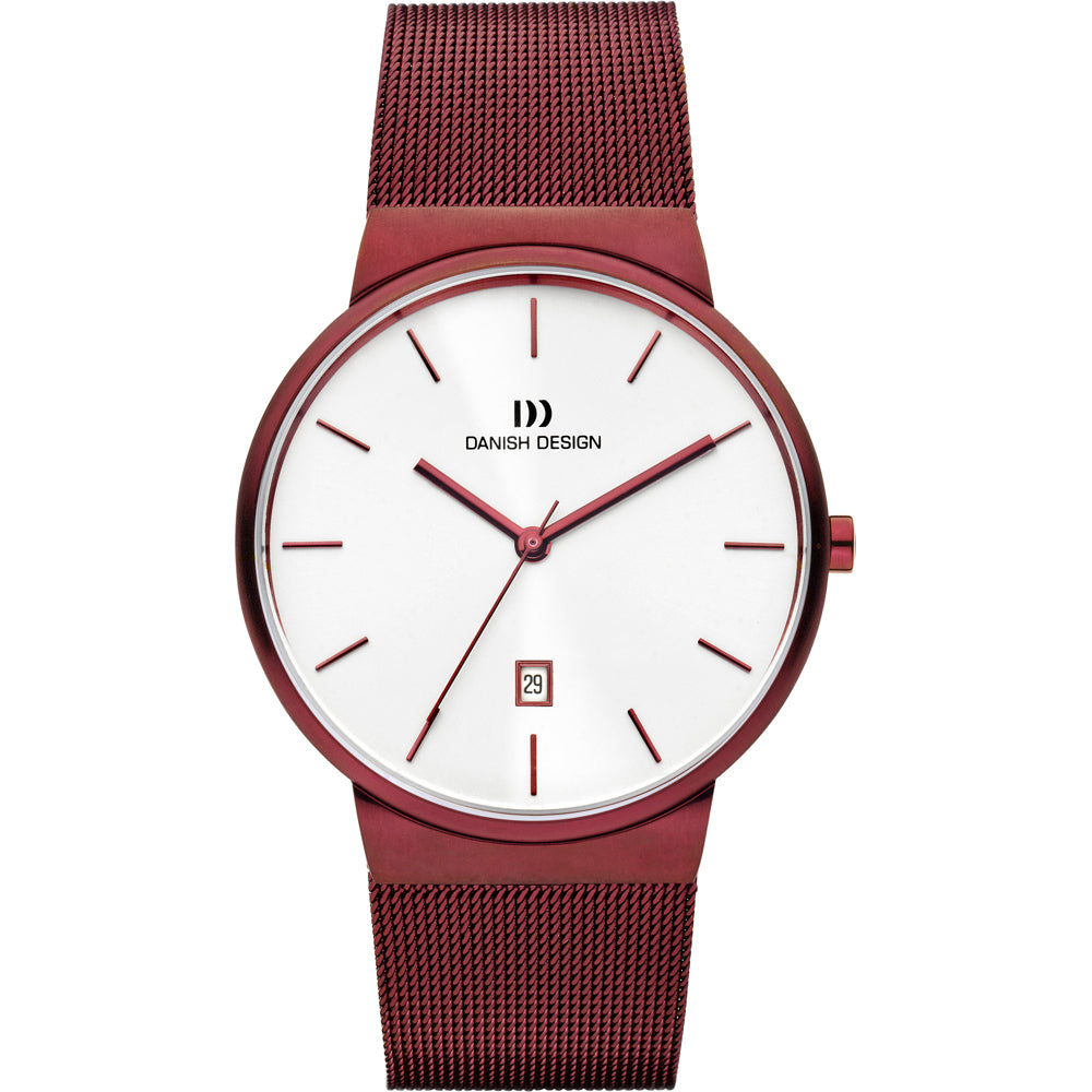 Reloj de esfera blanca con correa de malla metálica burdeos y detalles en rojo.