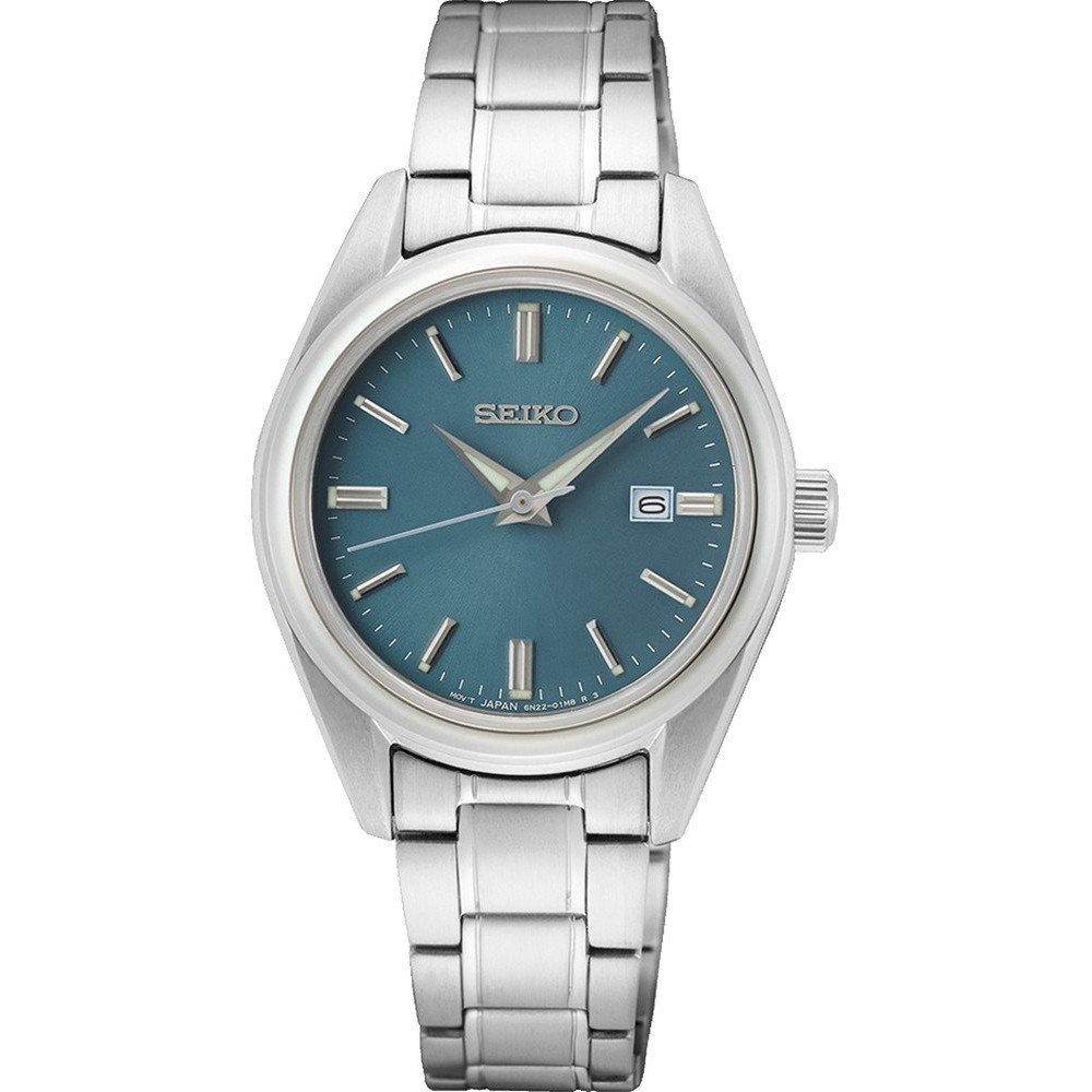 Reloj de mujer Seiko con esfera azul, caja de acero inoxidable y pulsera de eslabones plateados.