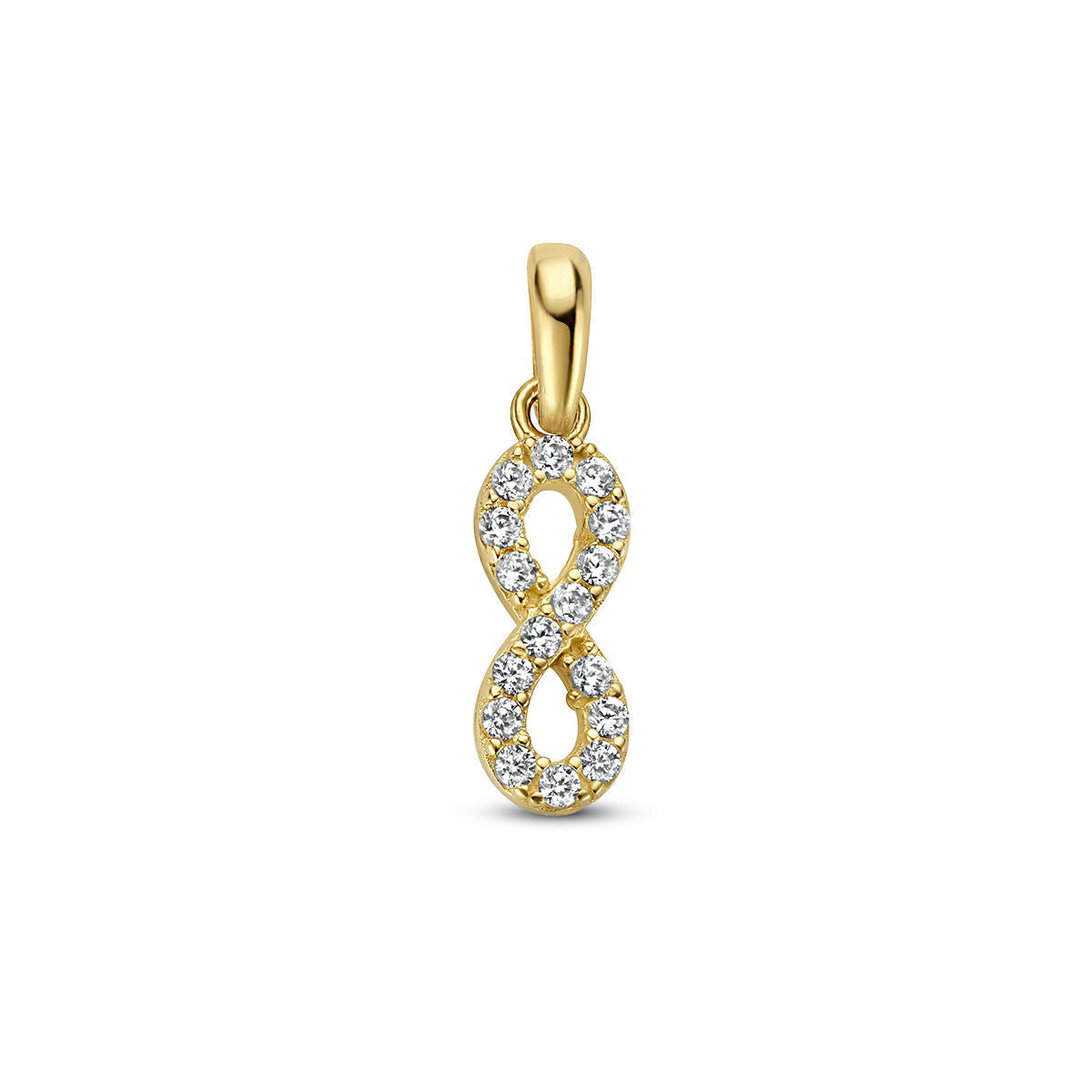 Colgante infinito de oro amarillo de 14K con circonitas brillantes.