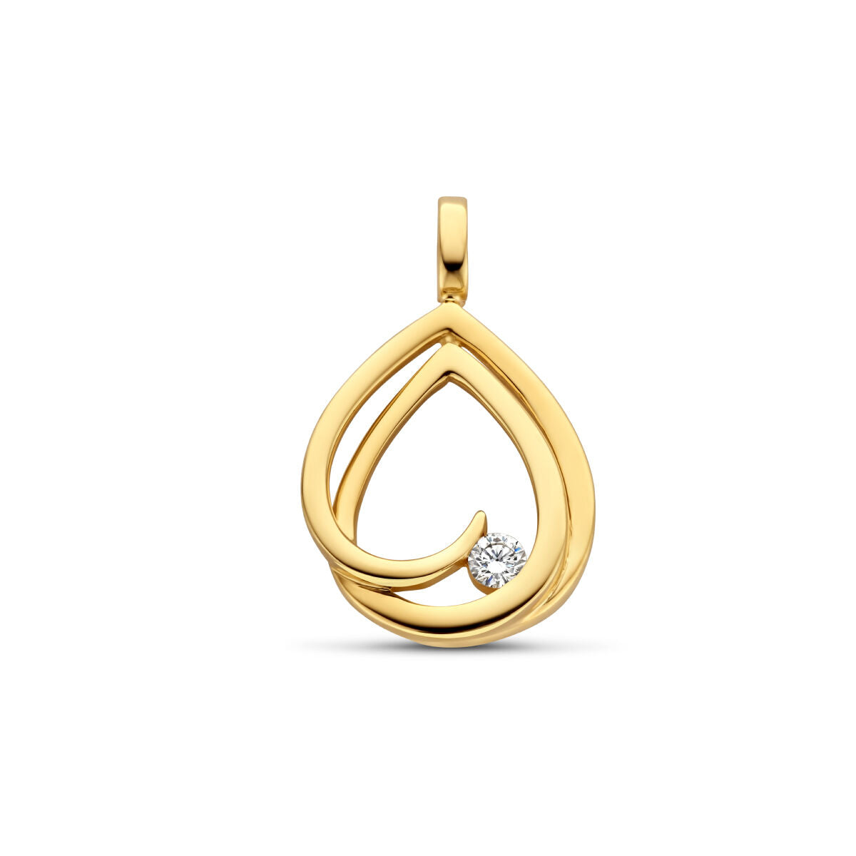 Colgante de oro amarillo de 14K con forma de gota y un diamante de 0.06 ct.