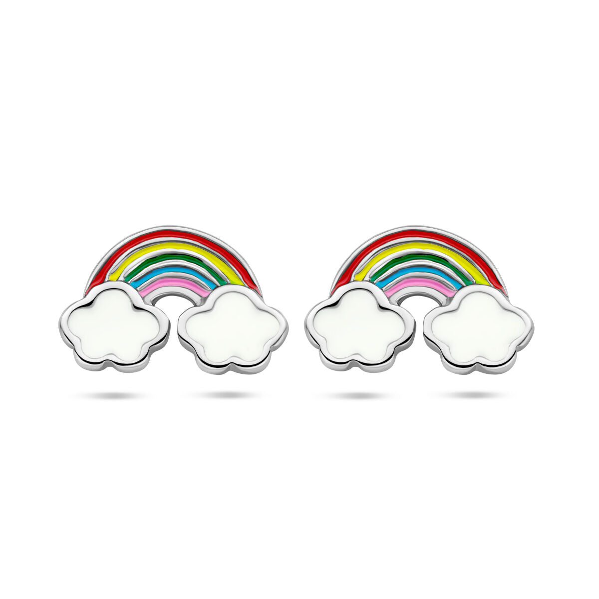 Pendientes de arcoíris de plata rodiada con nubes blancas y colores vibrantes.