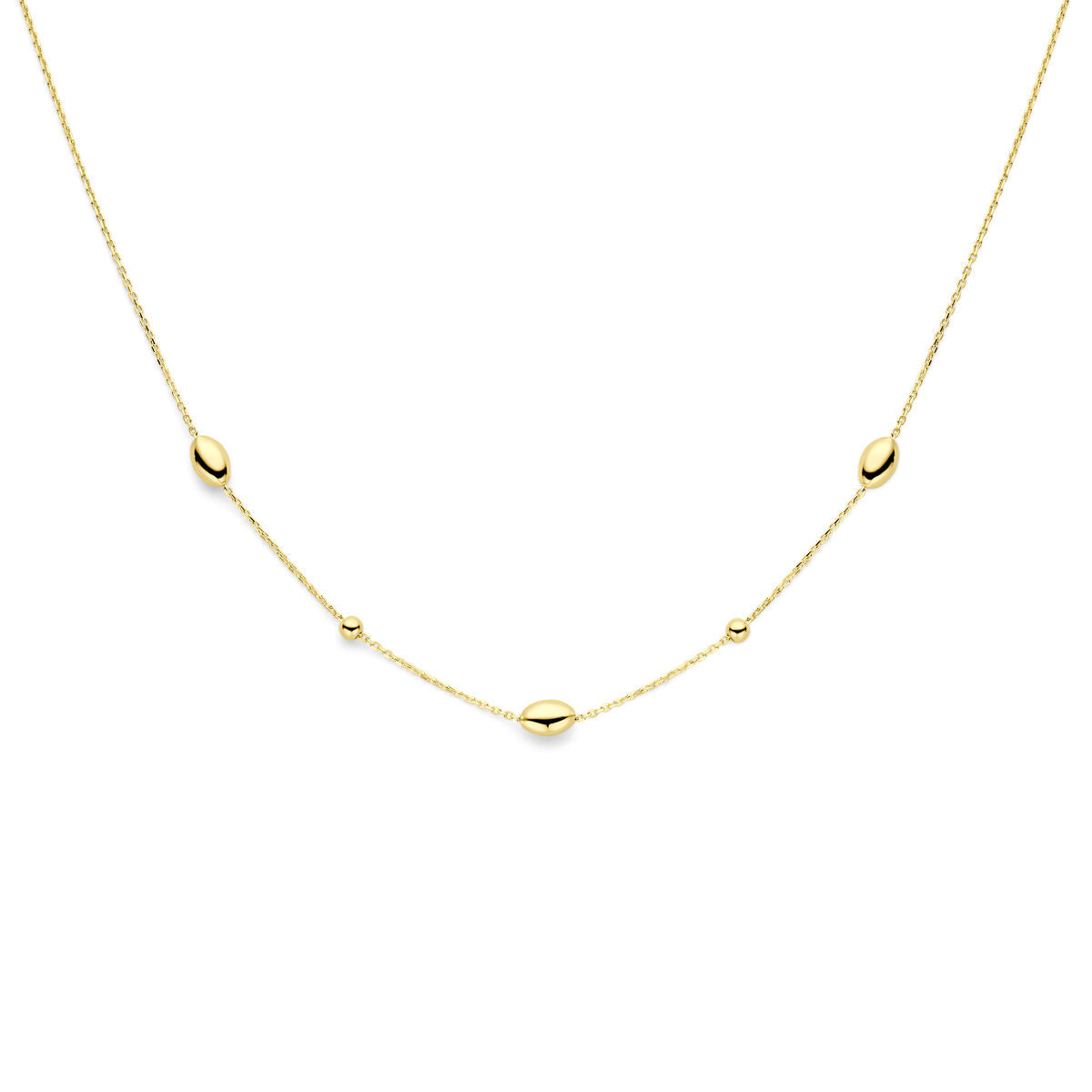 Cadena dorada de 14K con eslabones ovalados y bolitas.