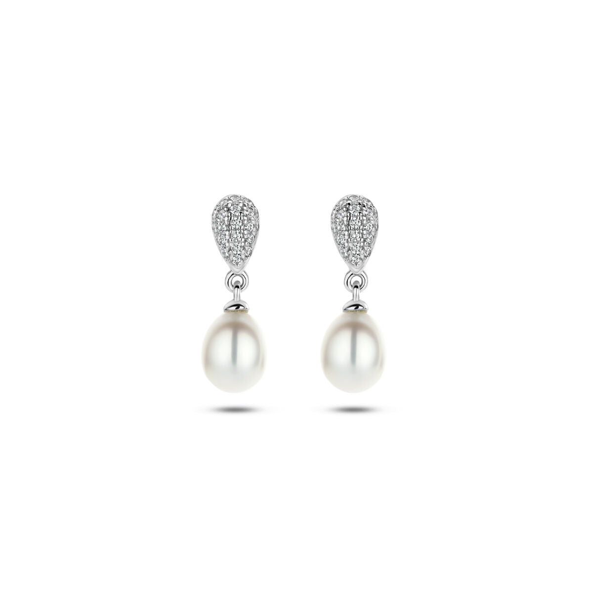 Pendientes largos de perla y circonitas en plata rodiada.
