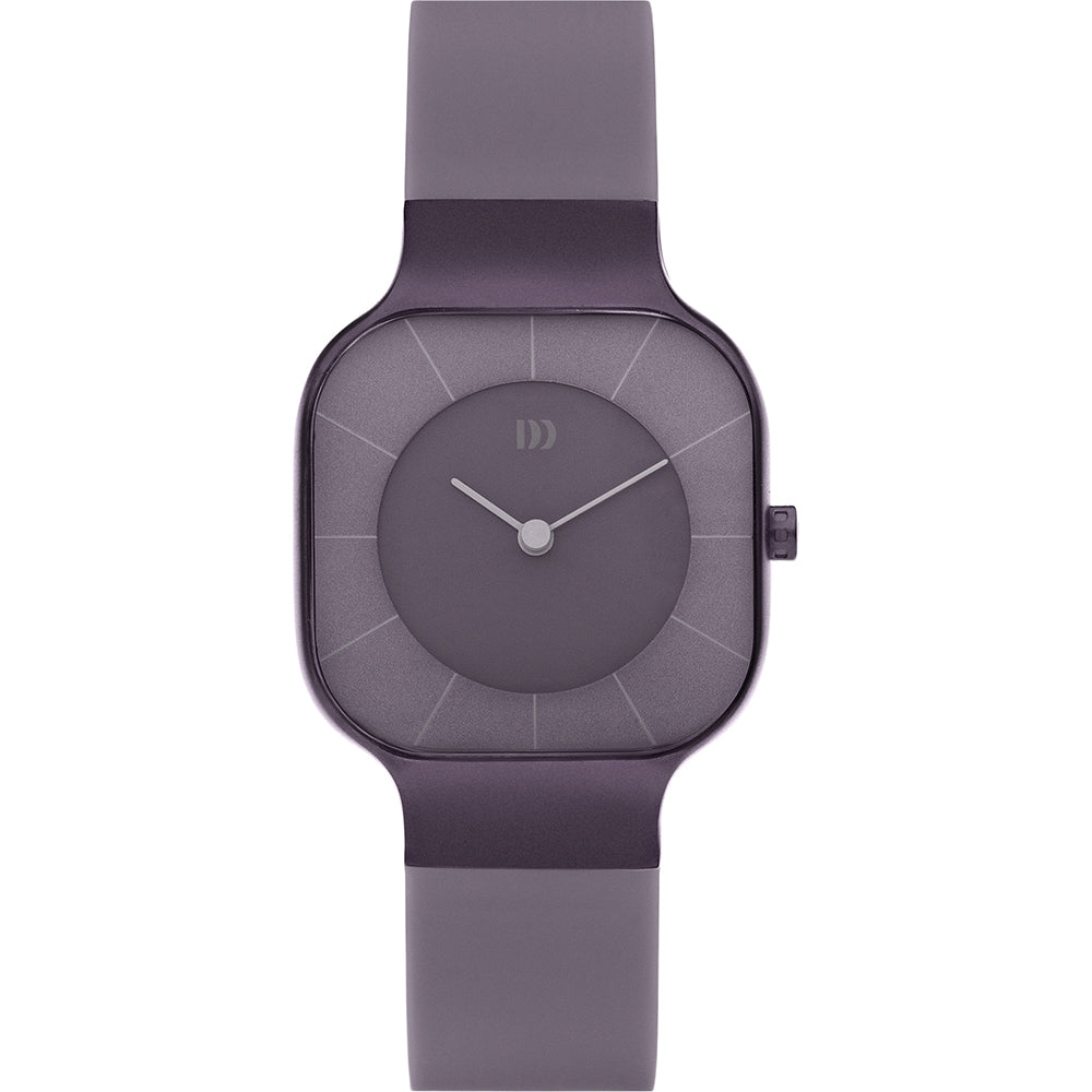 Reloj cuadrado de color púrpura con correa de silicona y esfera minimalista.