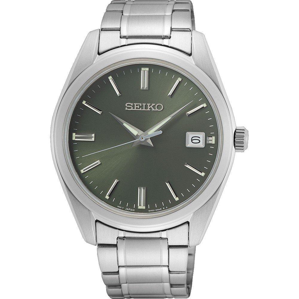 Reloj de hombre Seiko con caja plateada, esfera verde y correa de acero inoxidable.