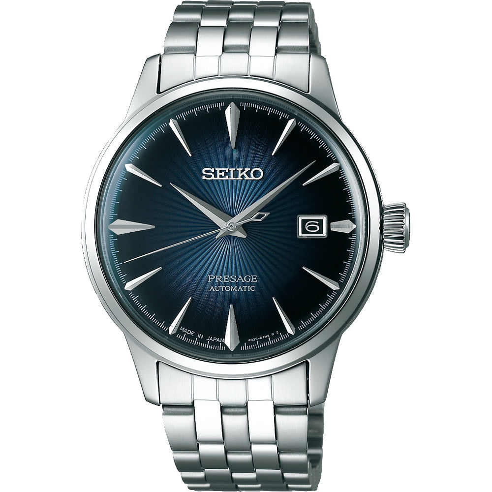 Reloj de hombre Seiko Presage con esfera azul, caja de acero inoxidable y correa de metal.