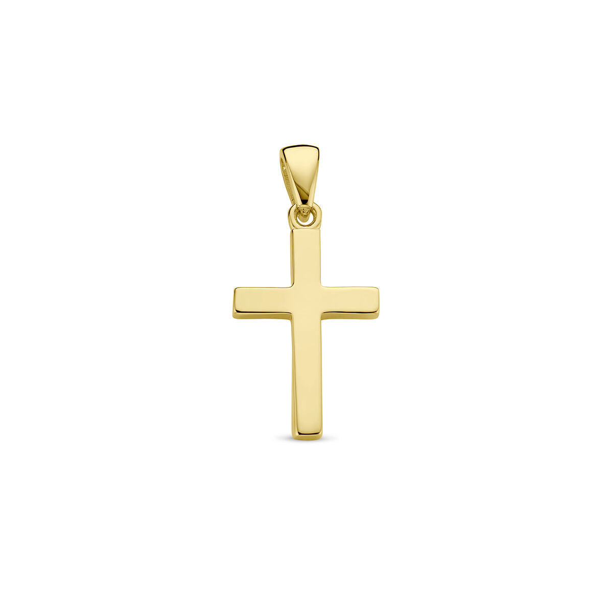 Colgante de cruz en oro amarillo de 14 quilates, con acabado pulido y diseño sencillo.