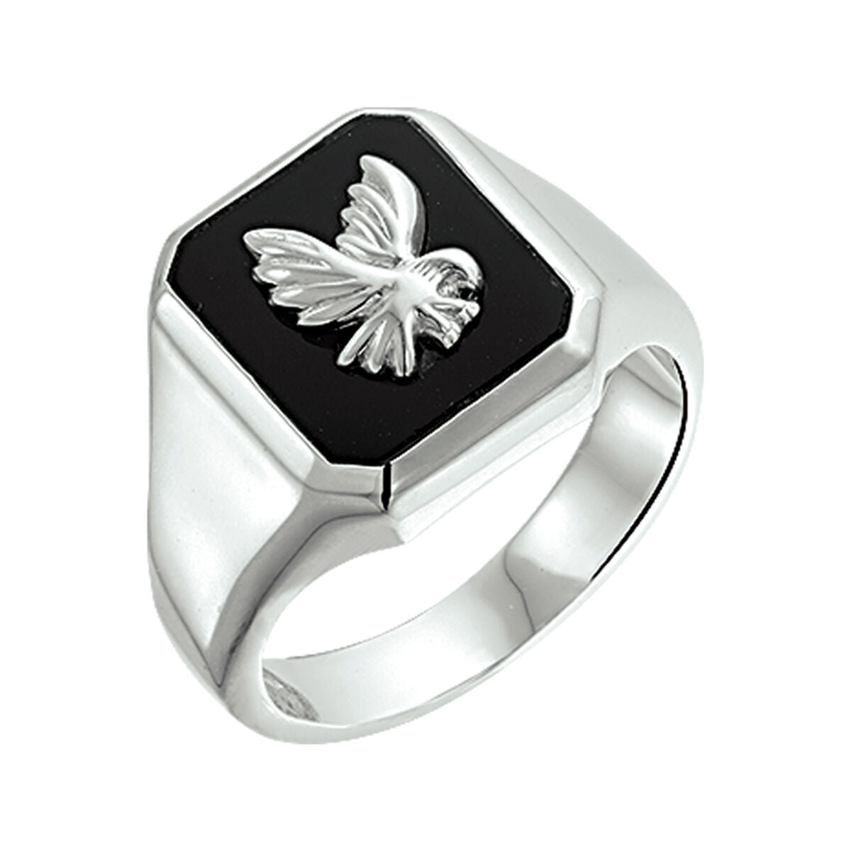 Anillo de sello de plata con águila en onice negro.
