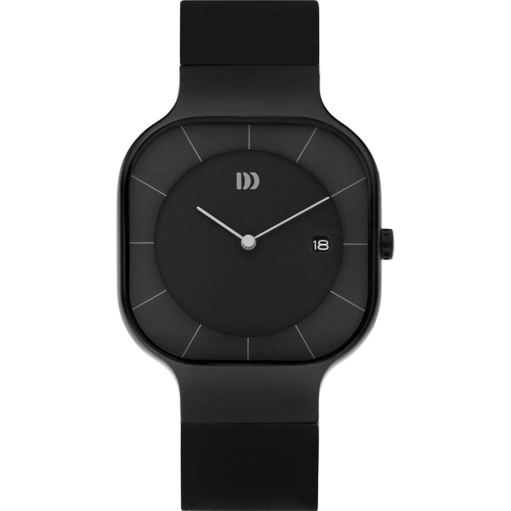 Reloj cuadrado negro con correa de silicona y esfera minimalista.