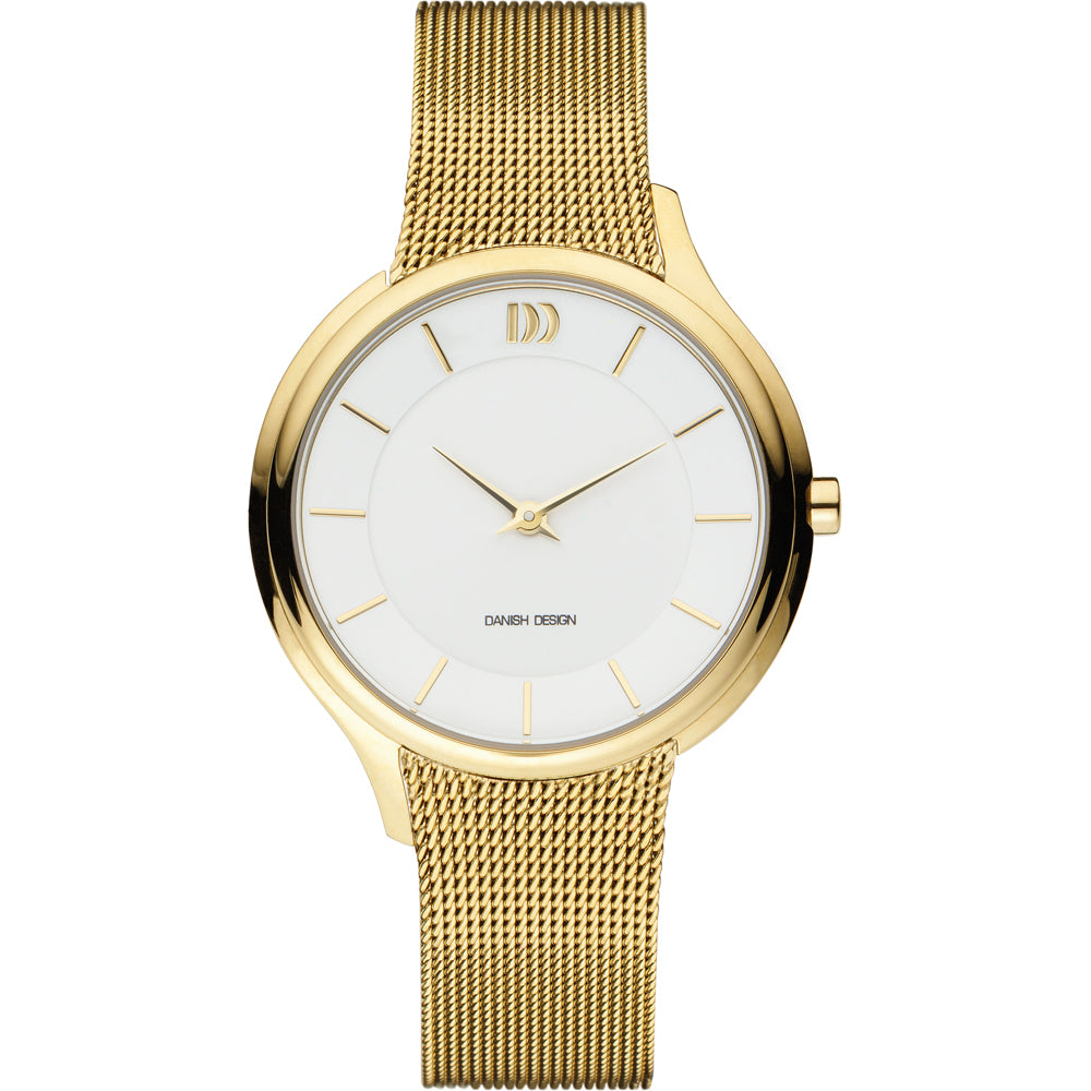 Reloj de esfera blanca con caja dorada y correa de malla dorada.