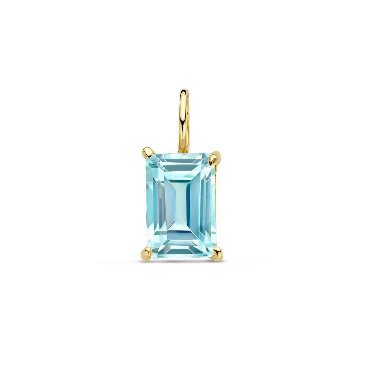 Colgante de topacio azul en oro amarillo de 14 quilates con forma rectangular.