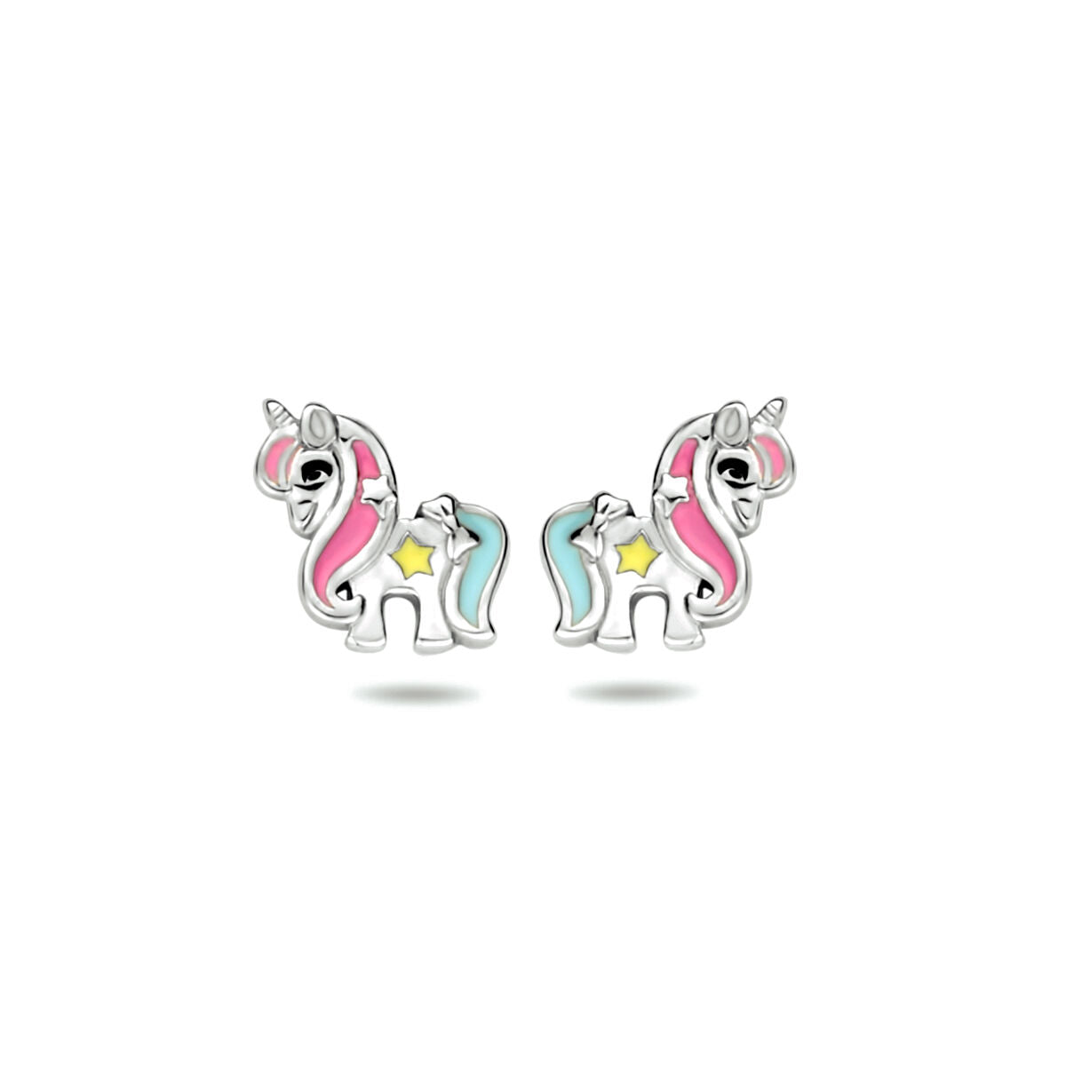 Pendientes de unicornio de plata rodiada con detalles en color rosa y azul.