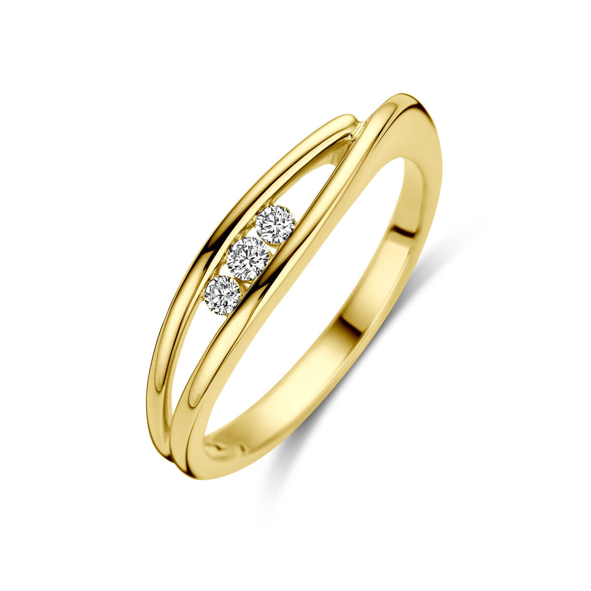 Anillo de trilogía en oro amarillo de 14K con tres diamantes de 0.10 ct.