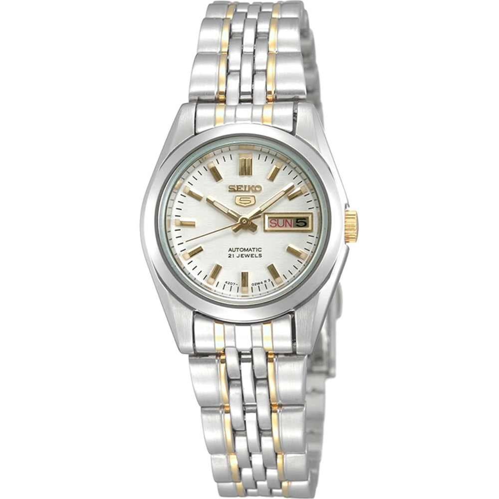 Reloj de dama Seiko con caja plateada, esfera plateada y correa de acero con detalles dorados.