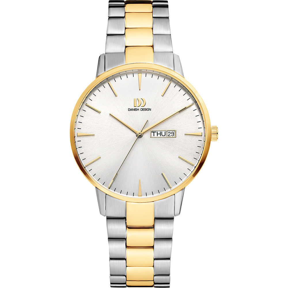 Reloj de esfera plateada con correa bicolor de acero inoxidable y detalles dorados.