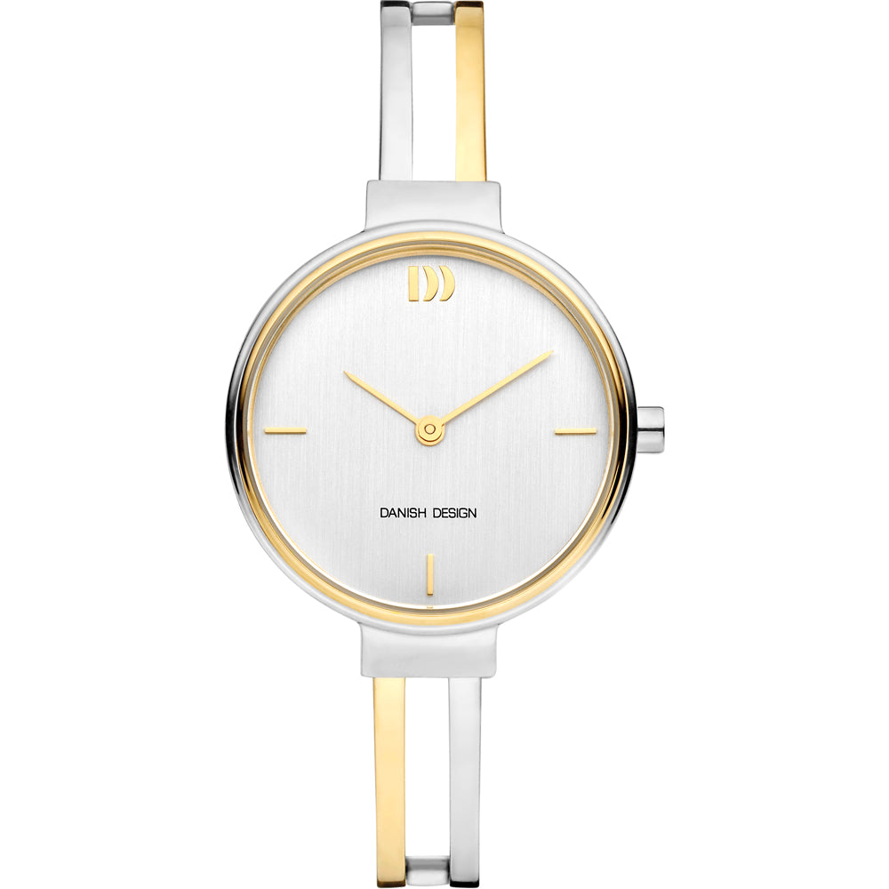 Reloj con esfera plateada, correa metálica bicolor en plata y dorado, diseño minimalista.