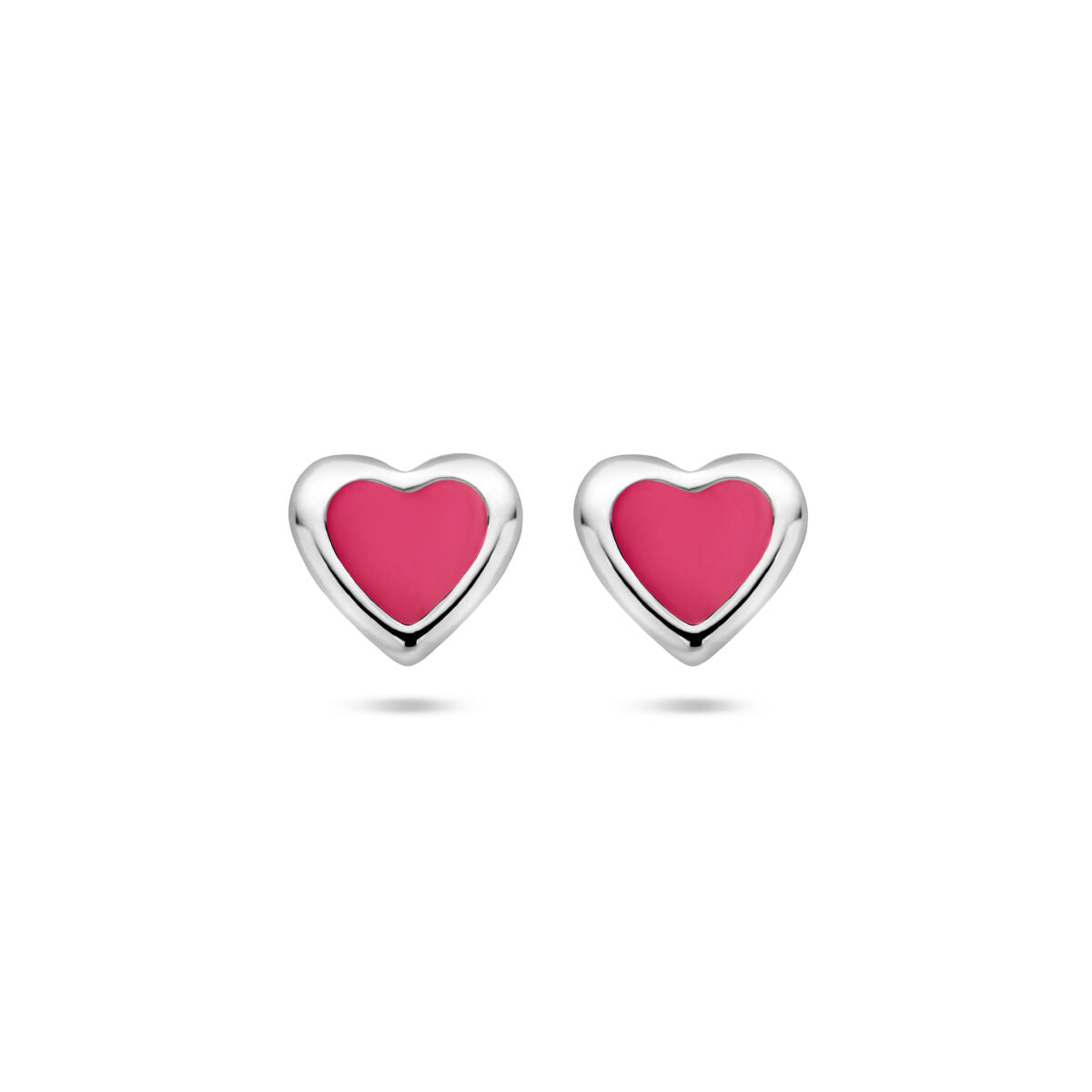 Pendientes de corazón de plata rodiada con detalle en color rosa.