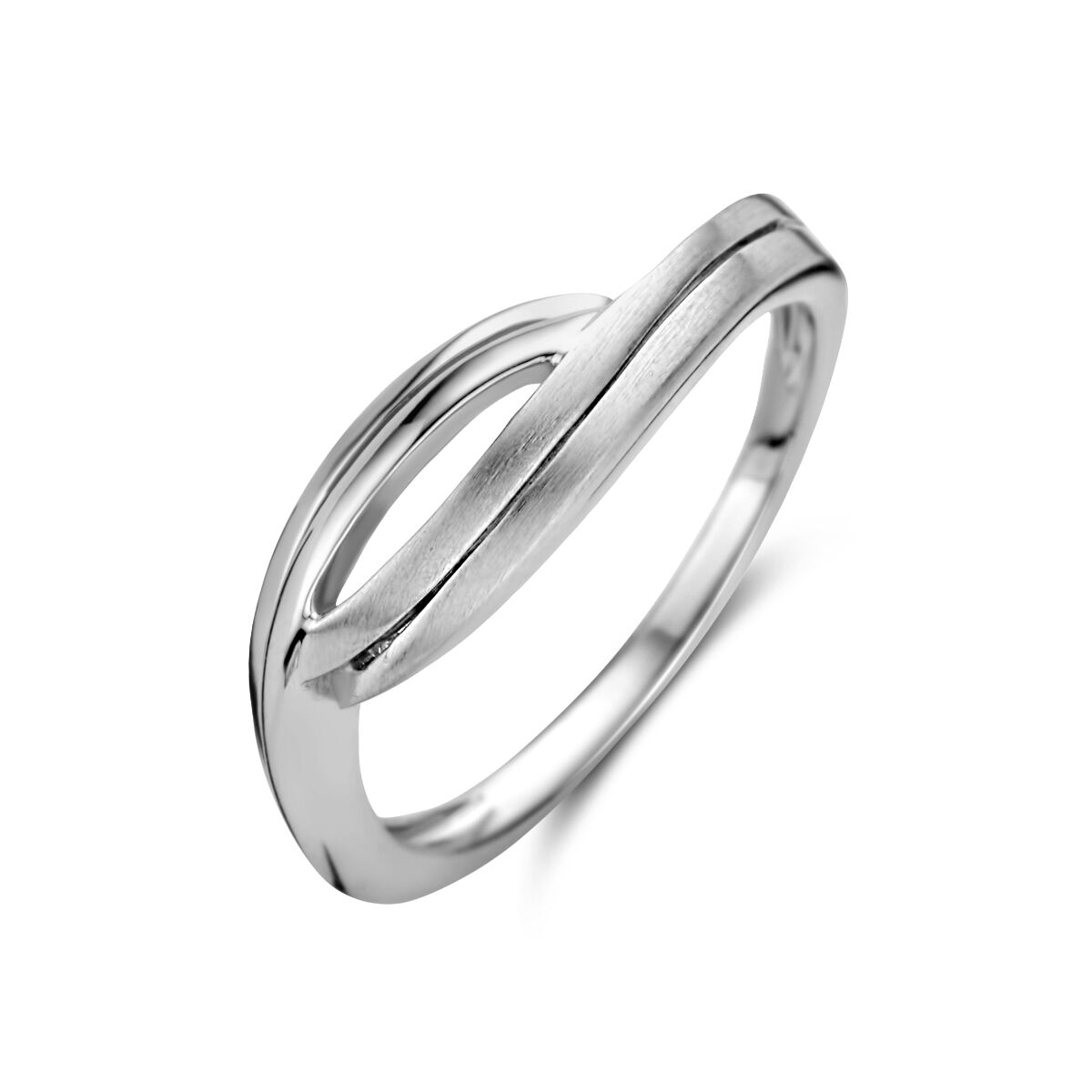 Anillo de plata pulida y mate, con acabado rodiado, de forma ovalada y diseño moderno.