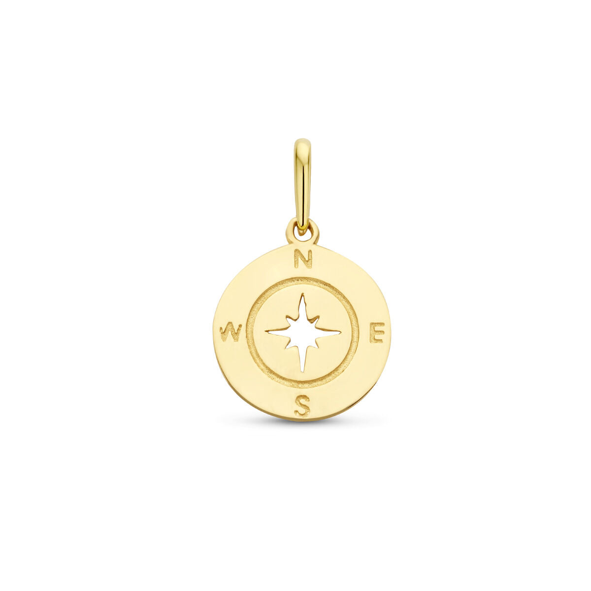 Colgante de brújula en oro amarillo de 14 quilates con detalles de dirección.