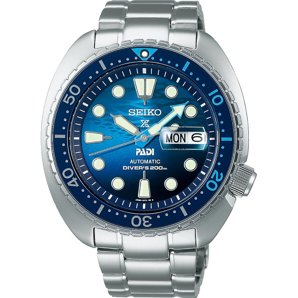 Reloj de buceo automático para hombre Seiko Prospex con esfera azul y correa de acero inoxidable.
