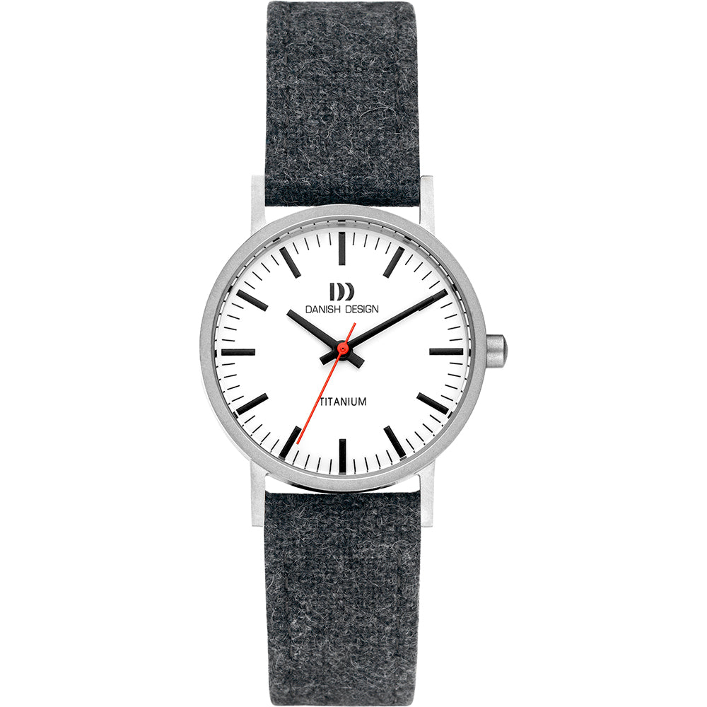 Reloj con esfera blanca, correa de tela gris y detalles en acero inoxidable.