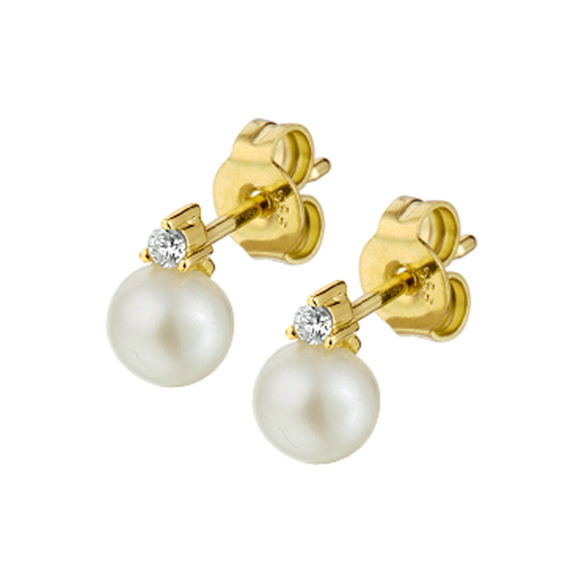 Pendientes de perla con diamante de 0.05 ct en oro amarillo de 14K.