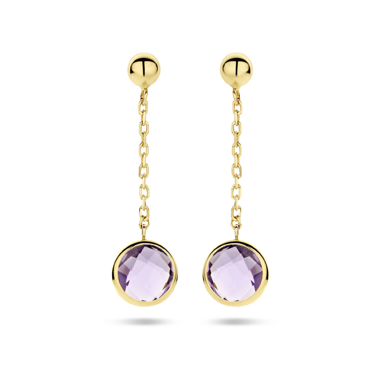 Pendientes largos de amatista en oro amarillo de 14 quilates con cadena.